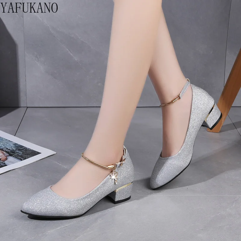 Women Wedding High Heel Shoes Silver Black 2024 Spring Ankle Strap Crystal Shallow Chunky Block Heel Pumps Lady Plus Size