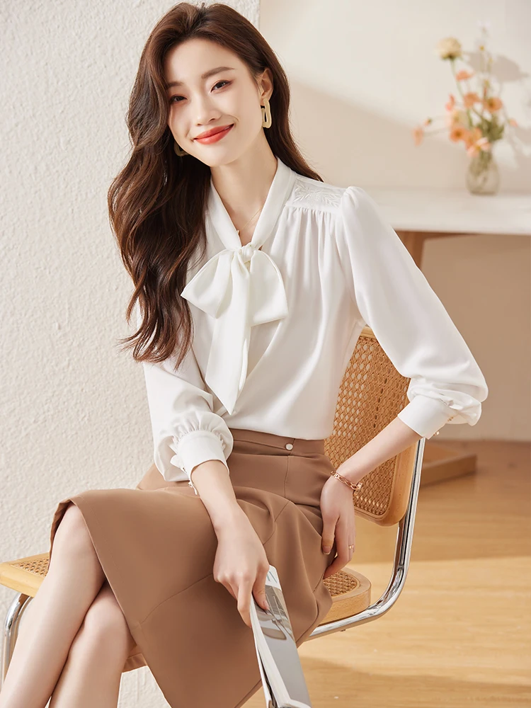 Witte lange Sve dames irt vroege herfst nieuwe Sle Knot Faionable Professional Commute irt Koreaanse Sle Sli...