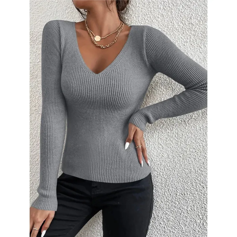 

2025 Autumn Winter Solid Rib Knit V Neck Women Pull Sweater Solid Color Leisure Pullover Jersey Femme Fashion Clothes