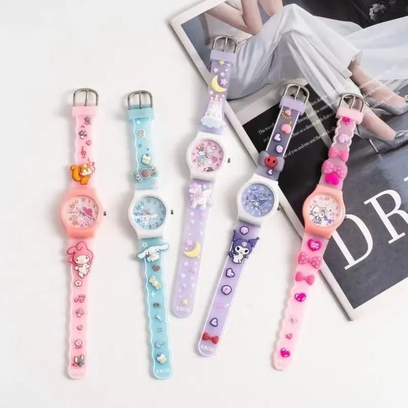 Anime Sanrio 3D Pattern Child Wrist Watch Cinnamoro Hello Kitty Waterproof Quartz Watch Kuromi Cartoon Silica Gel Watchband Kids