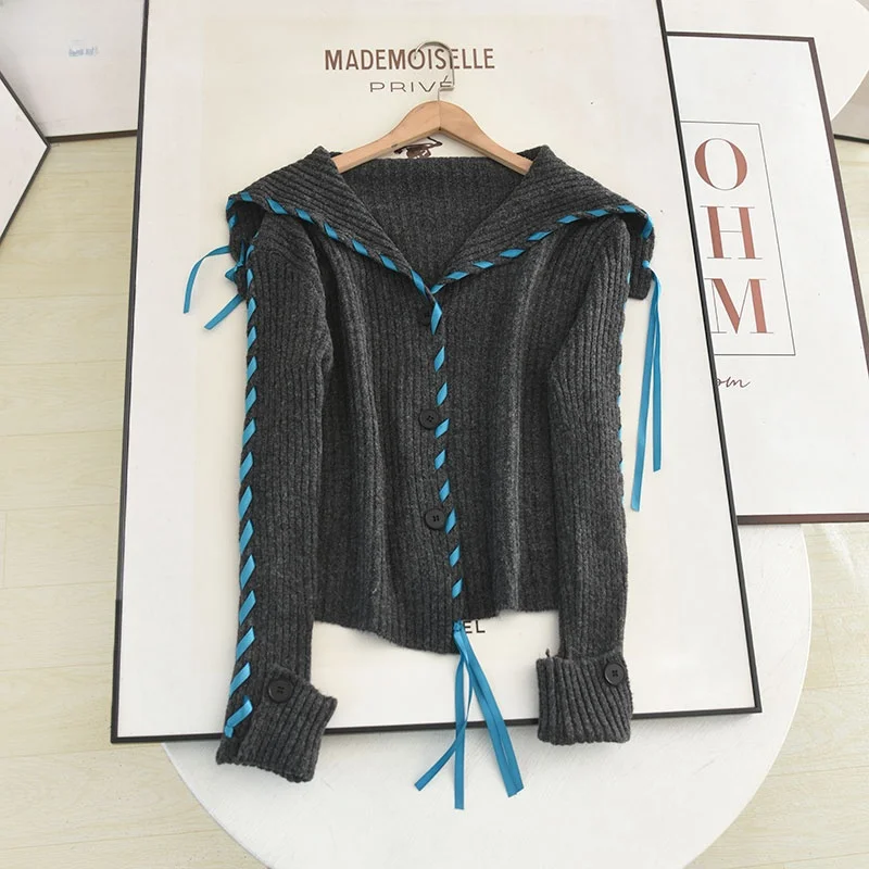 

Вязаный свитер в стиле ретро, женский открытый кардиган с поясом, большой воротник Sa Design, осенний модный женский трикотаж премиум-класса