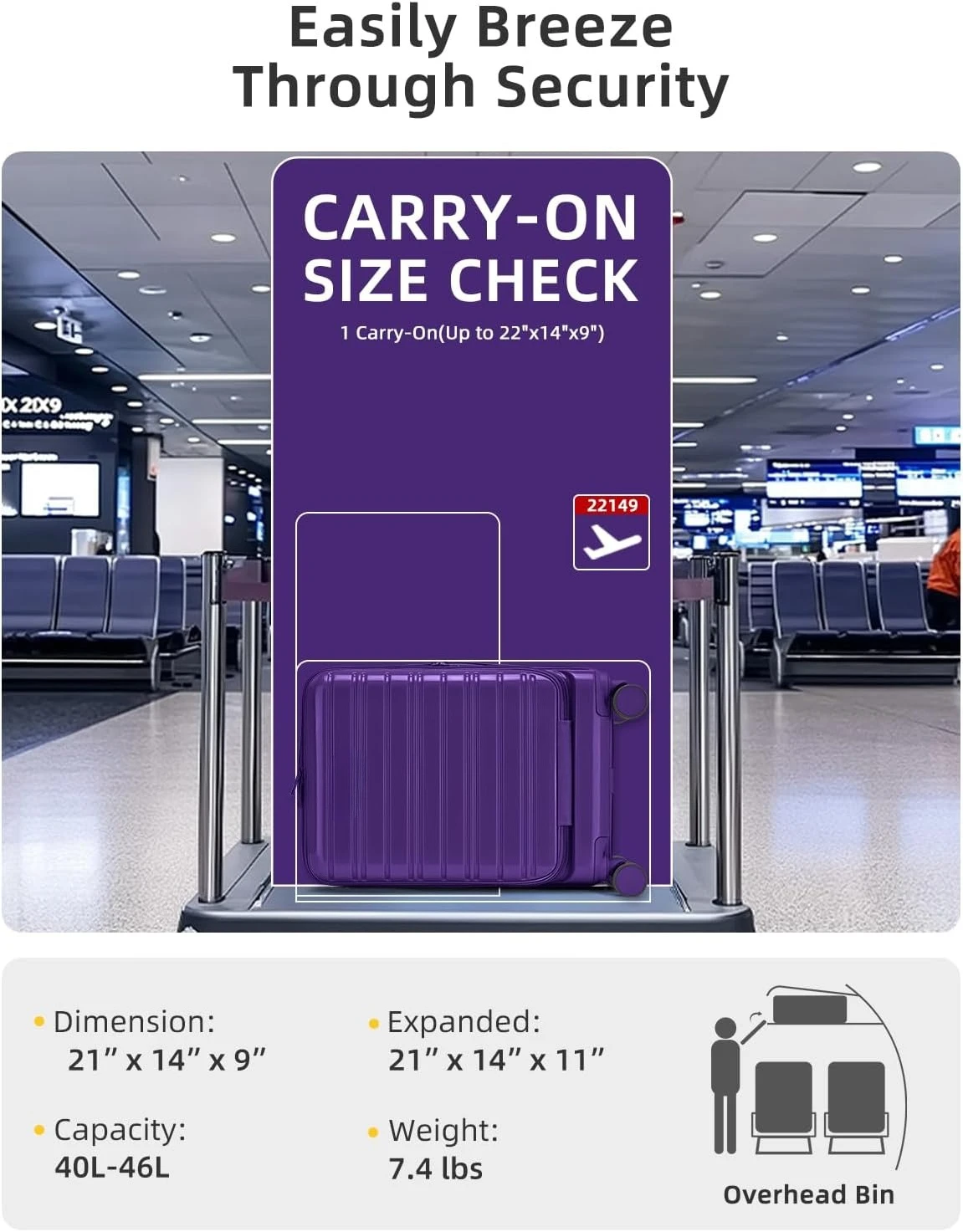 Expandable Carry On Luggage 22x14x9 Airline Approved, Front Pocket 20 Inch Hardside Suitcase With Silent Spinner Wheels, Travel Roller Case With TSA Lock For Laptop Women Men, Lavender - view 3