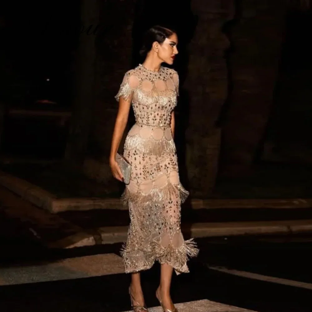 Amour Maßgeschneiderte Luxuriöse Elegante Abendkleider Etuikleid Juwelenausschnitt Knöchellang Perlenstickerei Quasten Festliches Geschenk Party Ballkleid