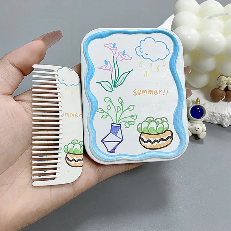 Vaso di fiori del fumetto specchio per il trucco pieghevole specchio tascabile portatile specchio per il trucco cosmetico rettangolare da donna con pettine