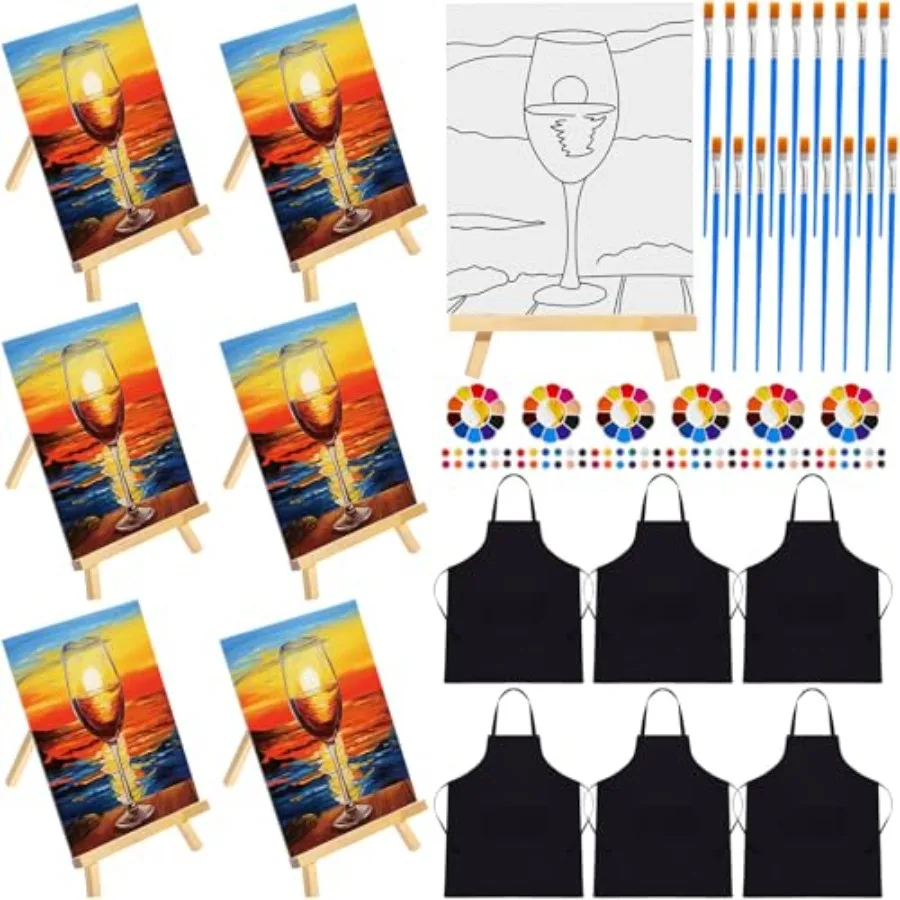 

6 Set Pre Drawn Canvas for Painting for Adults Sip and Paint Kit Easels 8 x 10 Inch Paint Party Kit Printed Canvas Paints Brush