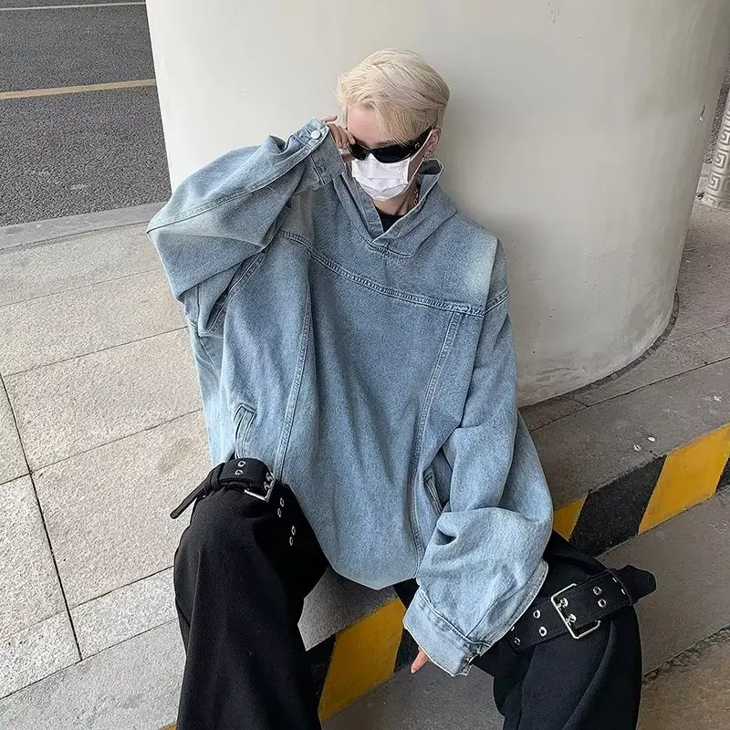 

Мужская толстовка в стиле ретро, свободного кроя, из денима, с эффектом потертости, для осени и зимы, большой размер, 5 кг, повседневная, молодежная, модная