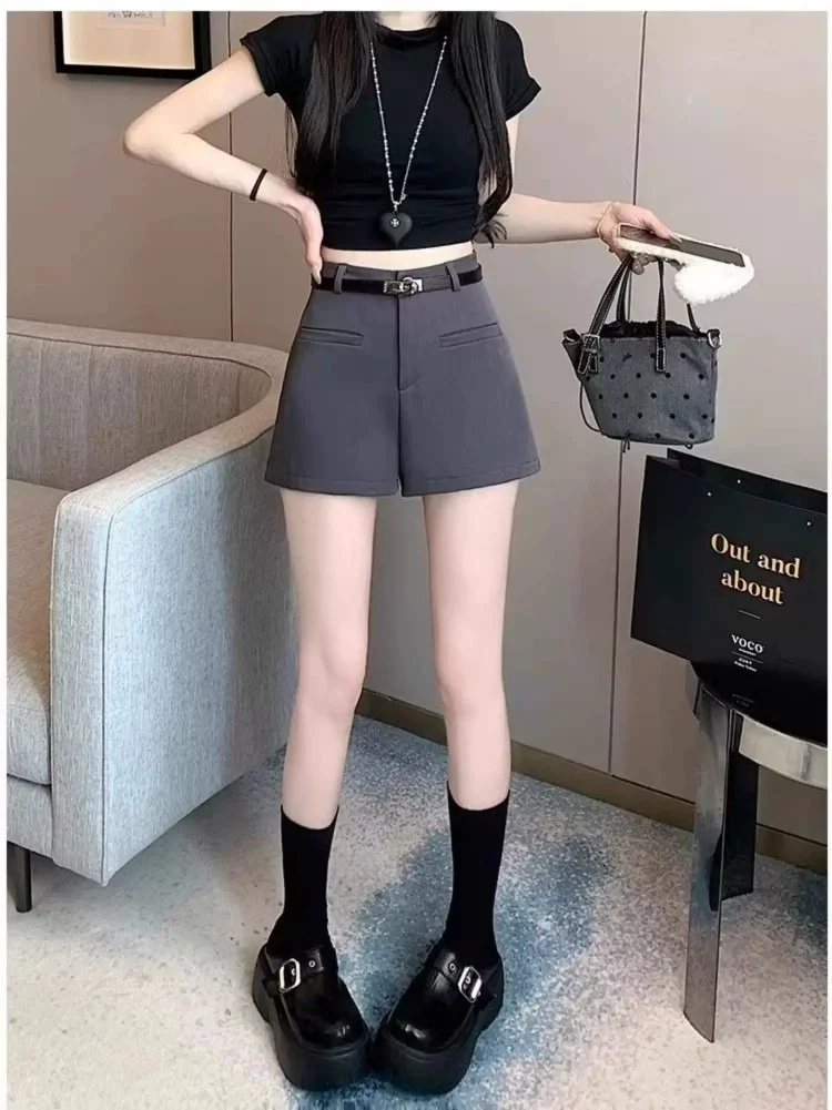 Anzugshorts, Stiefelhosen, Damen-Sommerhosen mit hoher Taille, lockere Passform, figurformend, weites Bein, „Spicy Girl“-Stil, A-Linien-Shorts, für kleinere Statur. – Detail 4