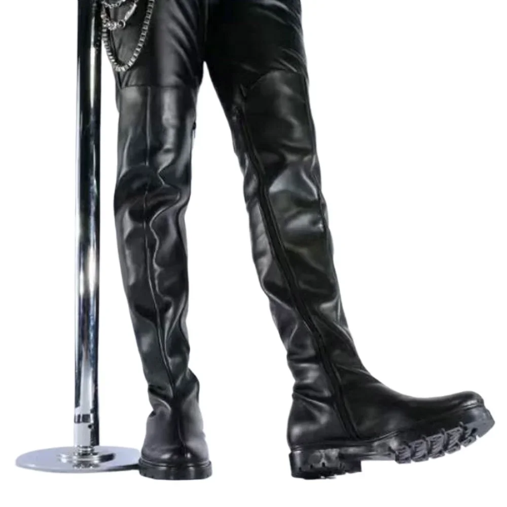 أحذية رجالية جلدية فوق الركبة أحذية شتوية أنابيب الصلب أداء الأحذية ، جولة تو سميكة وحيد أحذية ركوب الخيل أحذية رعاة البقر الغربية الانزلاق على