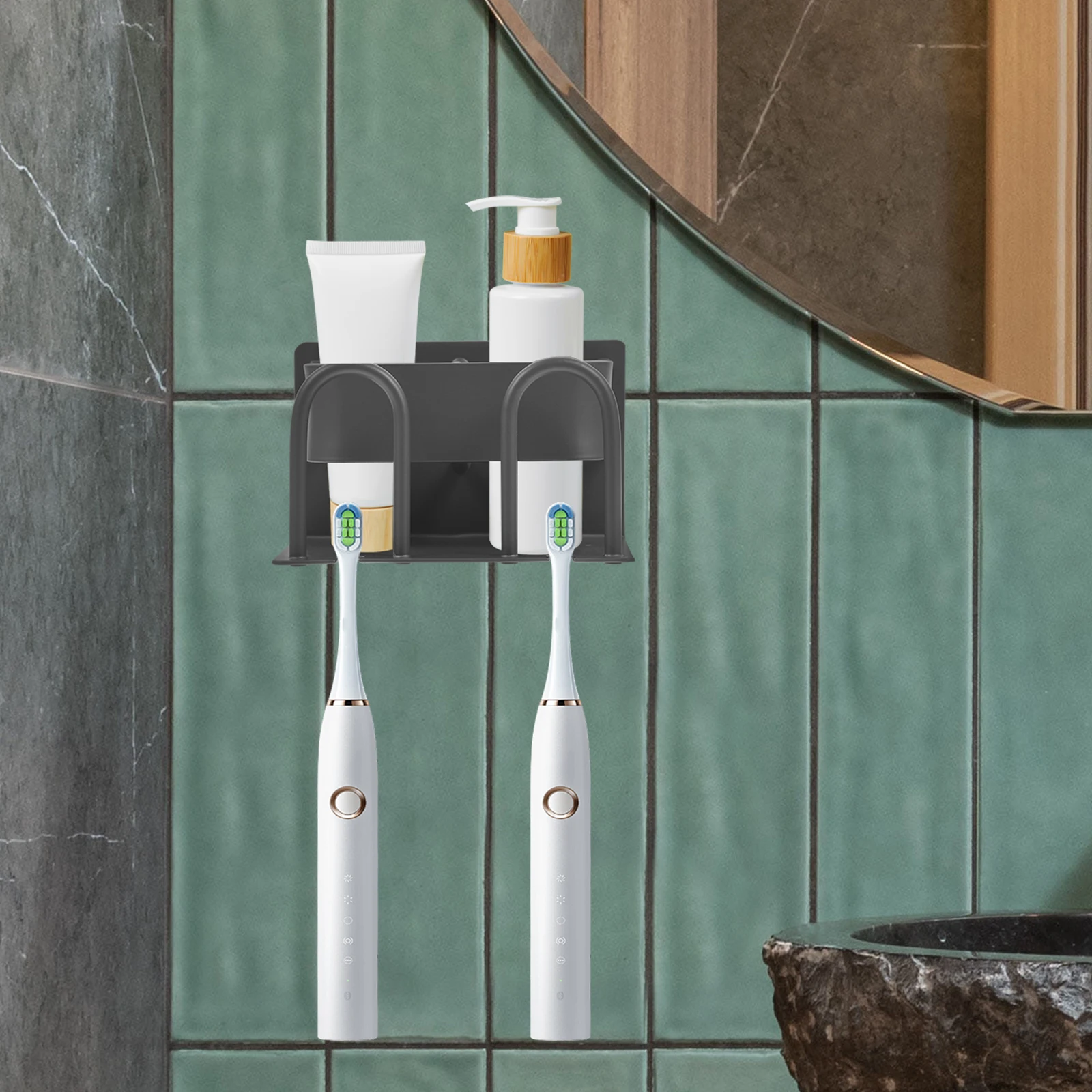 

Wall Mounted Toothbrush Holder Punch Free No Drilling Creative Stand Smooth Surface Glass Ceramic Tile Multi-Functional Steel