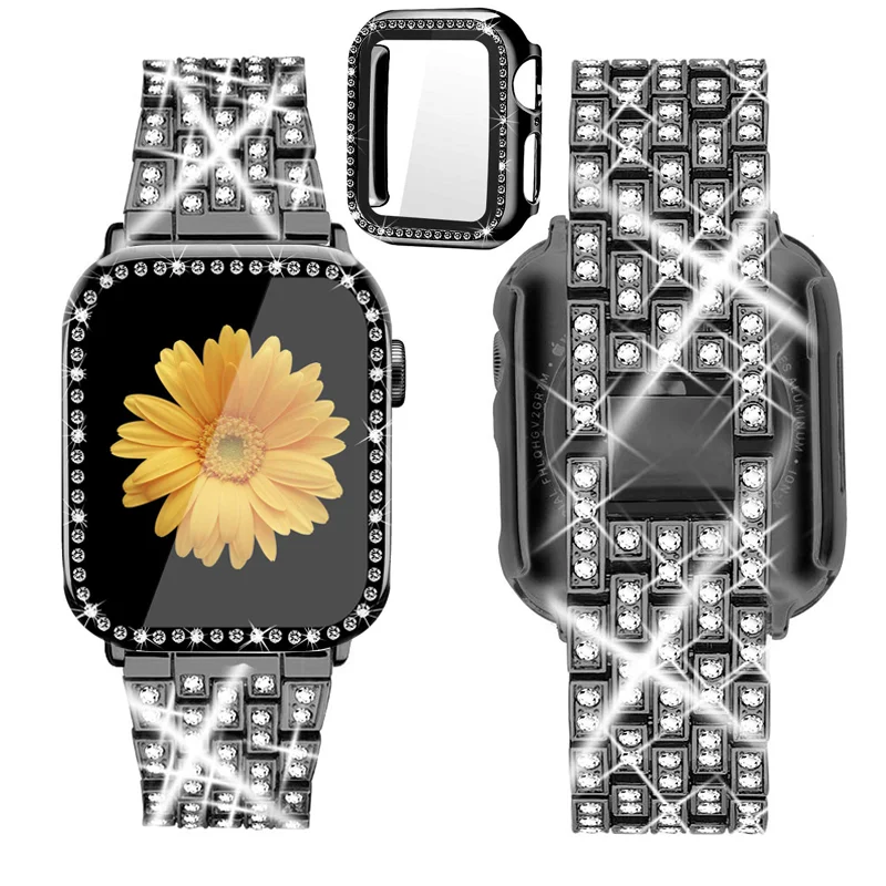 Diamantband + Abdeckung für Apple Watch Case Serie 10 42 mm 46 mm 41/45 mm Armband + Displayschutzfolie + Stoßstange iWatch 9 8 7 6 5 4 40/44 mm