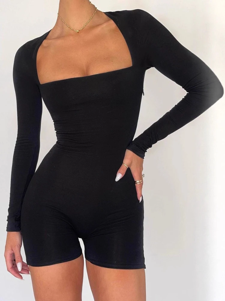 SsTss 여성 캐주얼 점프수트 솔리드 컬러 긴팔 바디수트 스퀘어 넥 슬림 스트레치 롬퍼 반바지 트렌디 Y2K 의상
