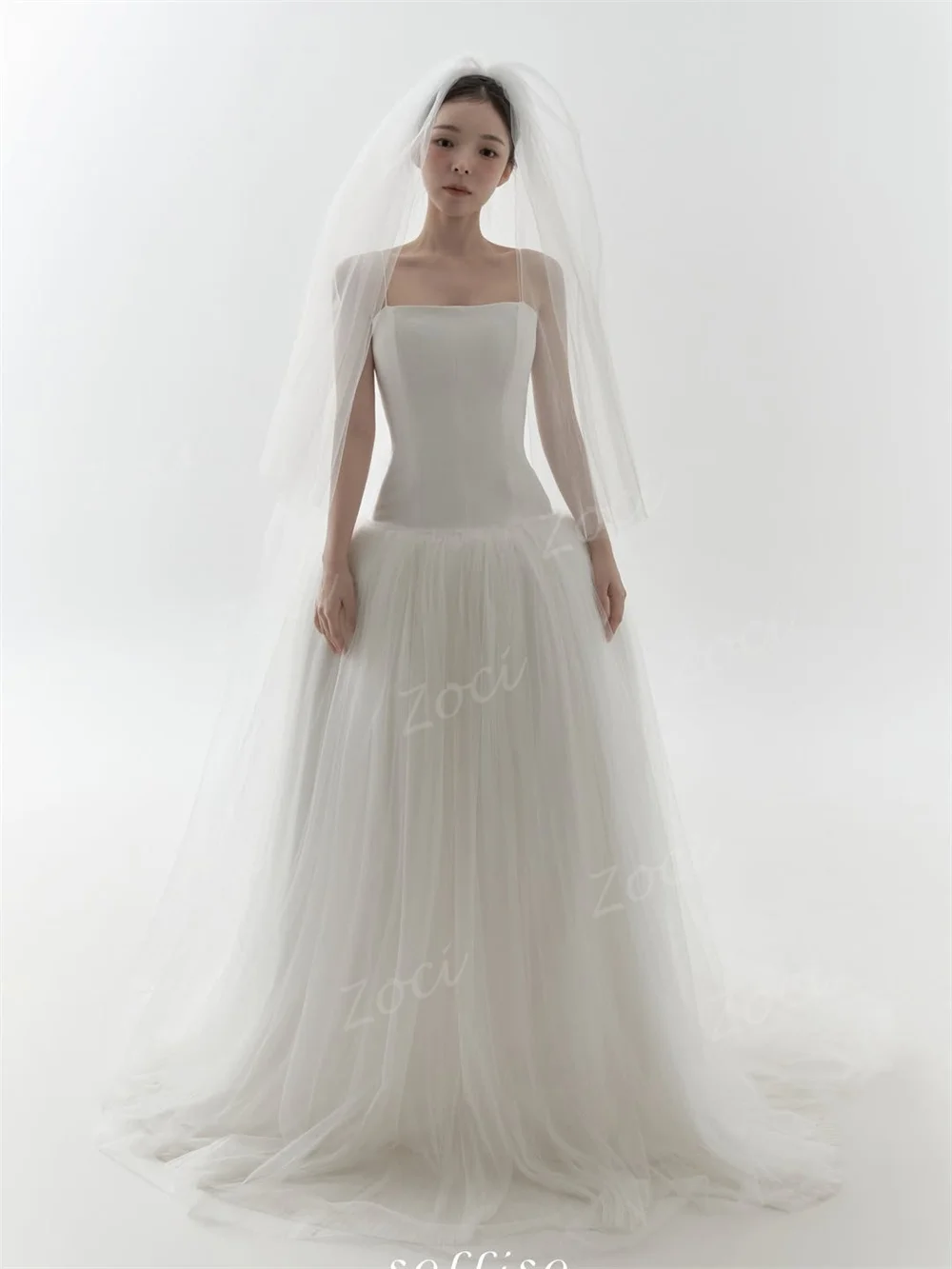 Zoci Princess Strapless Satin Tulle Korea Wedding Dresses Dropped A Line Bride Photos Shoot Dress Customized Long Wedding Gown