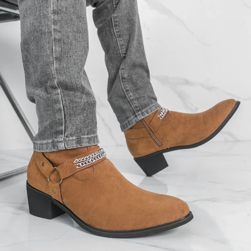 

Winter Business Men Denim Boots High-top PU Side Zipper Casual Fashionable Pointed-toe Brand Boots Social Boots Men