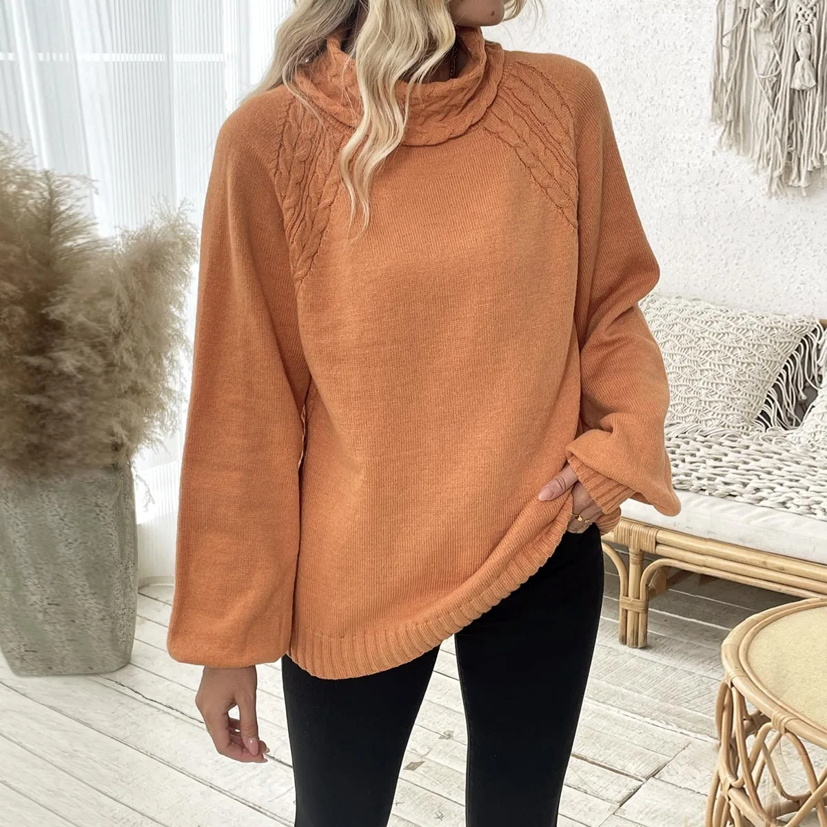 

2025 Autumn and Winter New Sweater Women's Straight Tube Floral Half High Collar Princess Sleeve Sweater