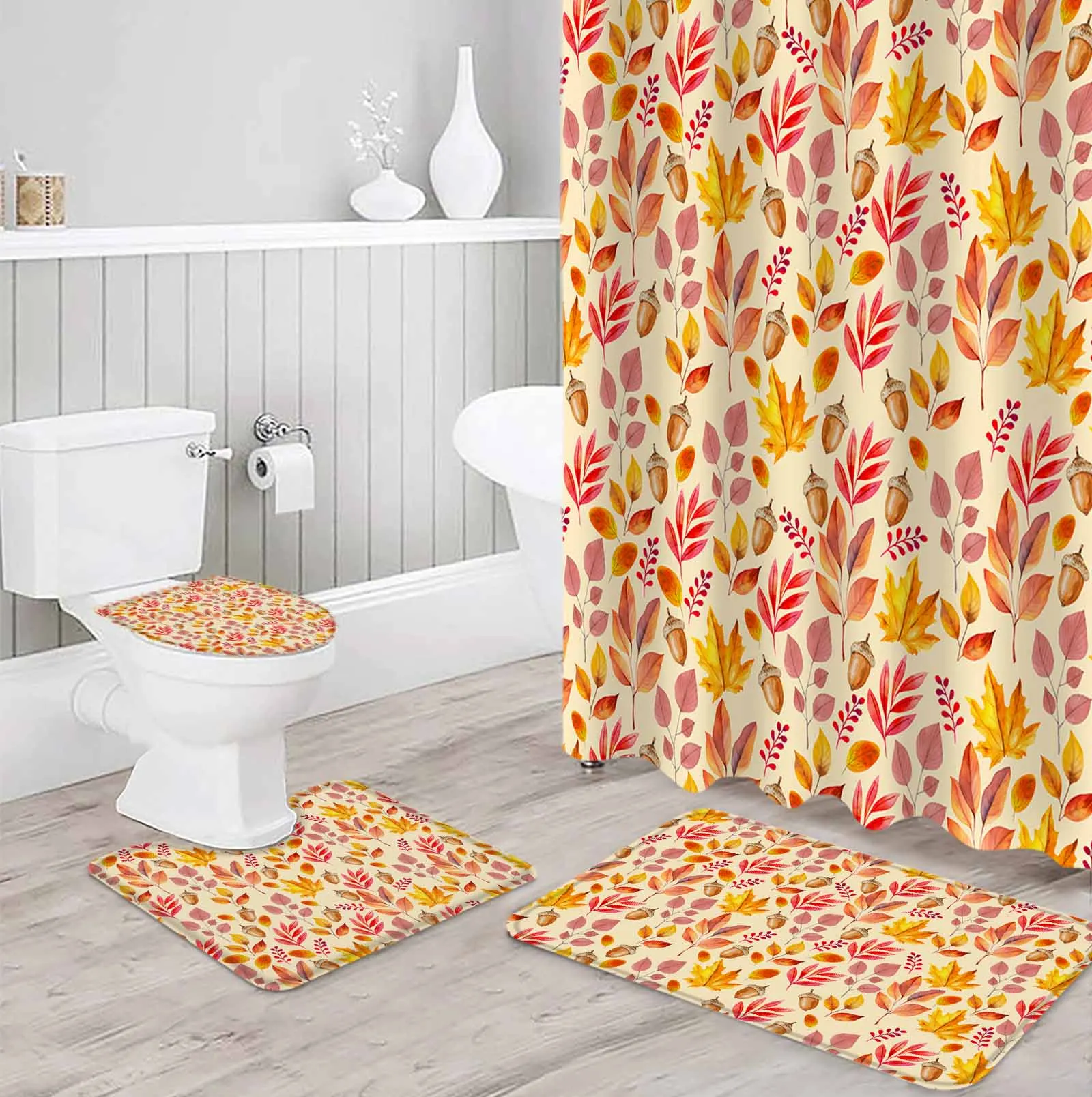 Autumn Maple Leaves Polyester printed shower curtain bathroom set,luxurious curtainsabstract 4-piece setcoral fleece floor mat