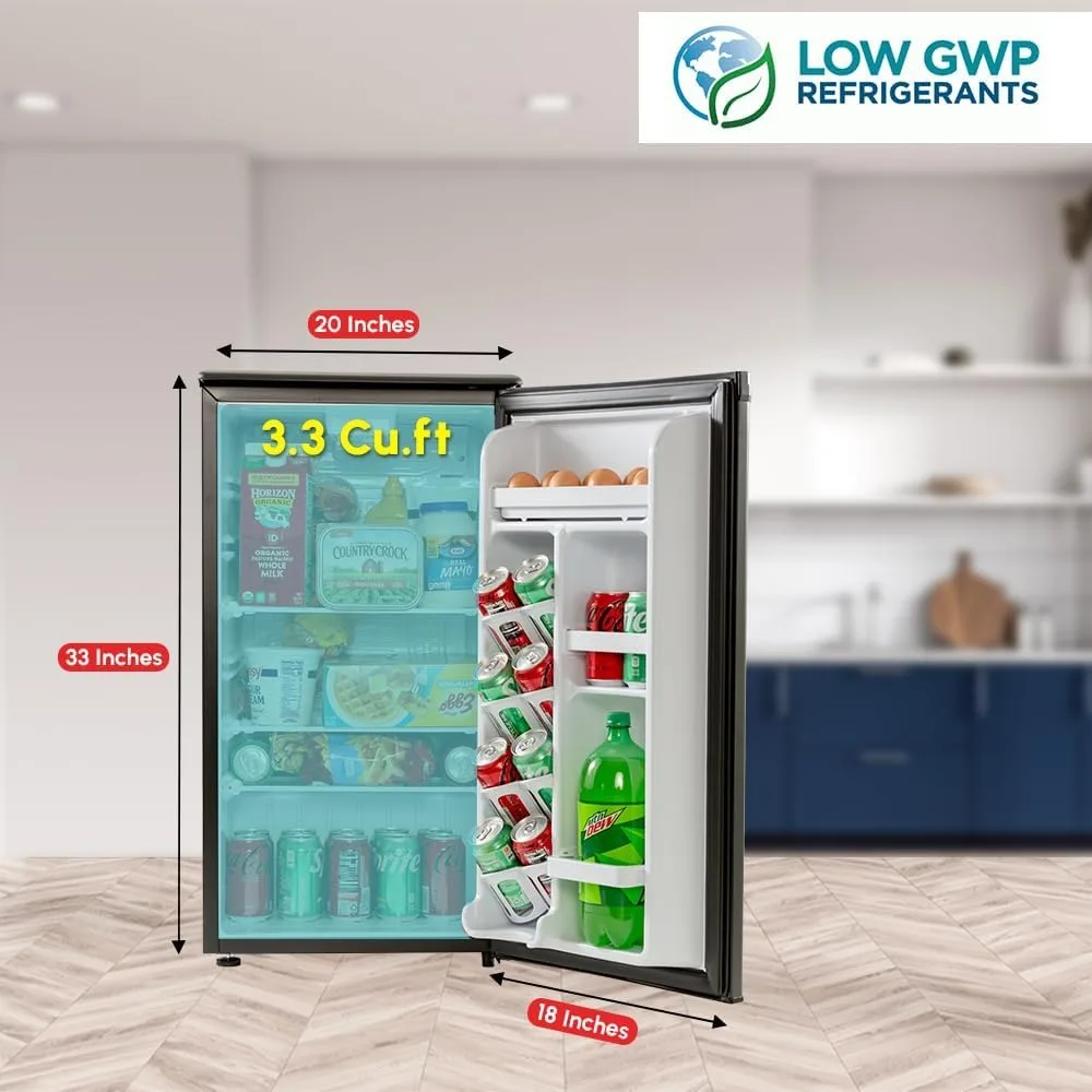 E-Star 3.3 Cu Ft Mini Fridge without Freezer - AUTO DEFROST, Reversible Single Door, Glass Shelf Refrigerator - A Space-Saving M