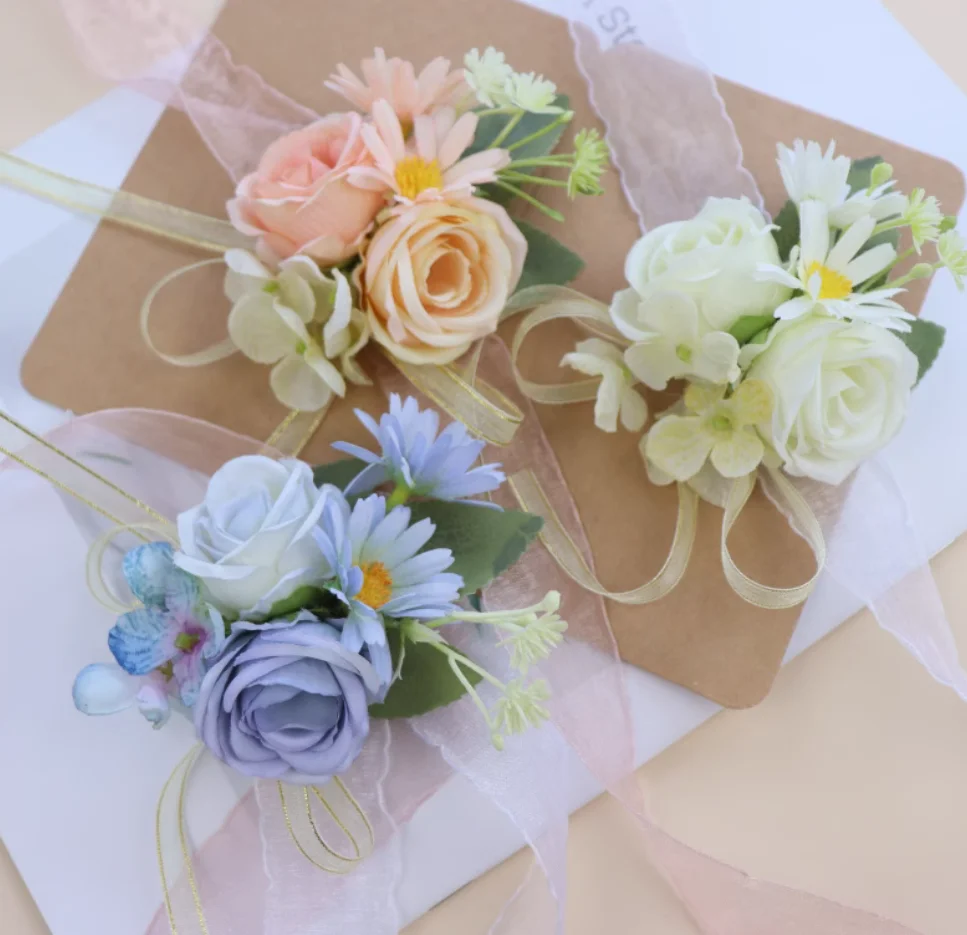 

Mori lawn wedding bridesmaid bride Liu Yier flower girl wrist flower groom father mother wedding corsage flower. 4 piece