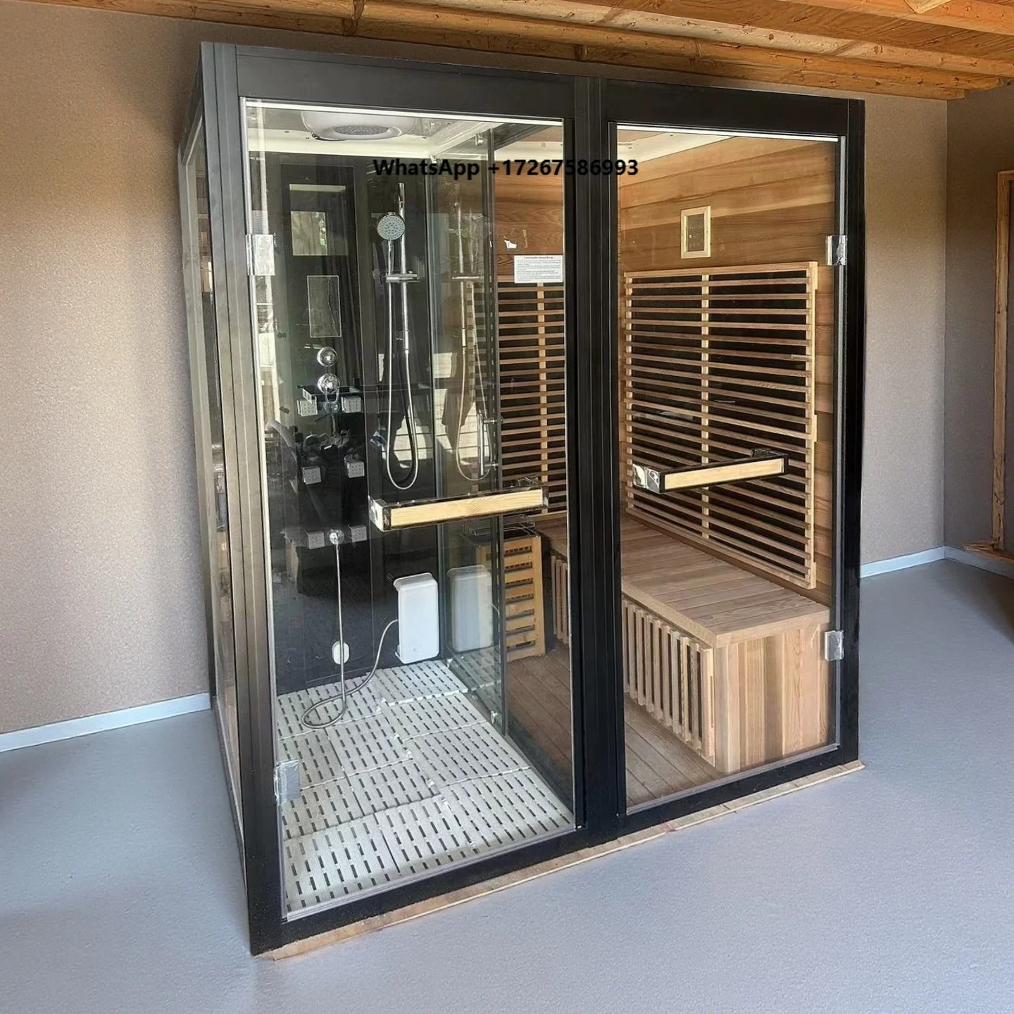 Outdoor Red Cedar/Hemlock/Spruce Solid Wood Steam Sauna Shower Room with Computer Control Panel