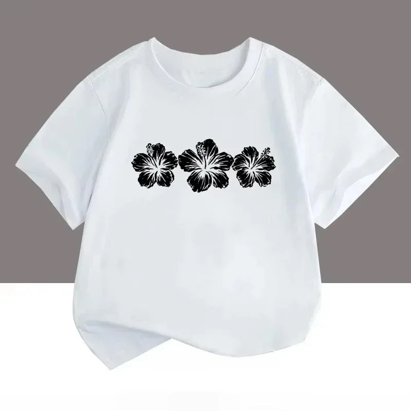 Minimalist Hawaiian Hibiscus Three Flowers Pattern Girls Pink Crew Neck Short Sleeve Beach Casual Outfit Top