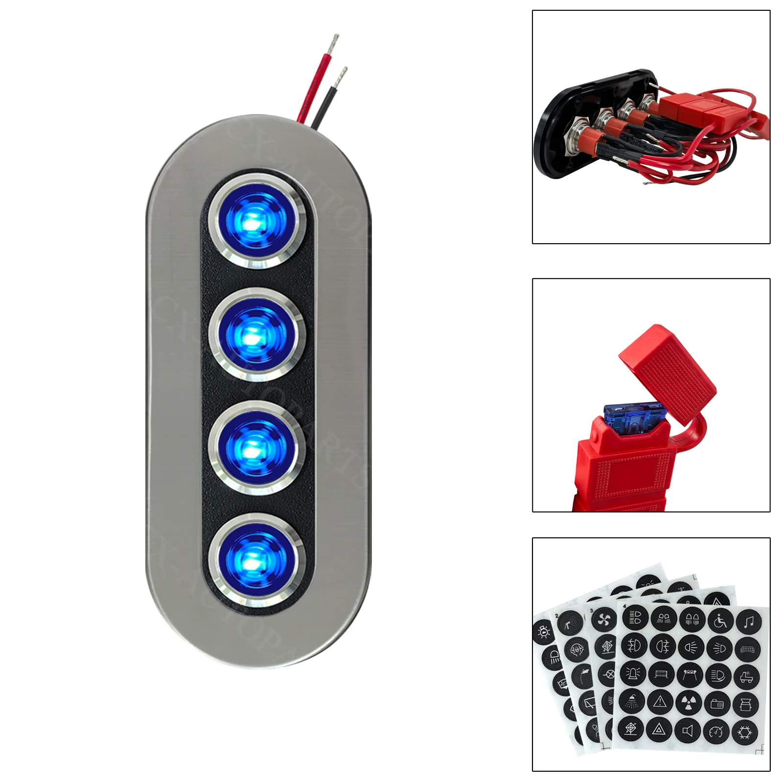 

4Gang Push Button Marine Switch Panel 12-24V Blue LED ON-OFF Switch with 15A Fuse for Boat Car UTV ATV RV Truck Waterproof Panel