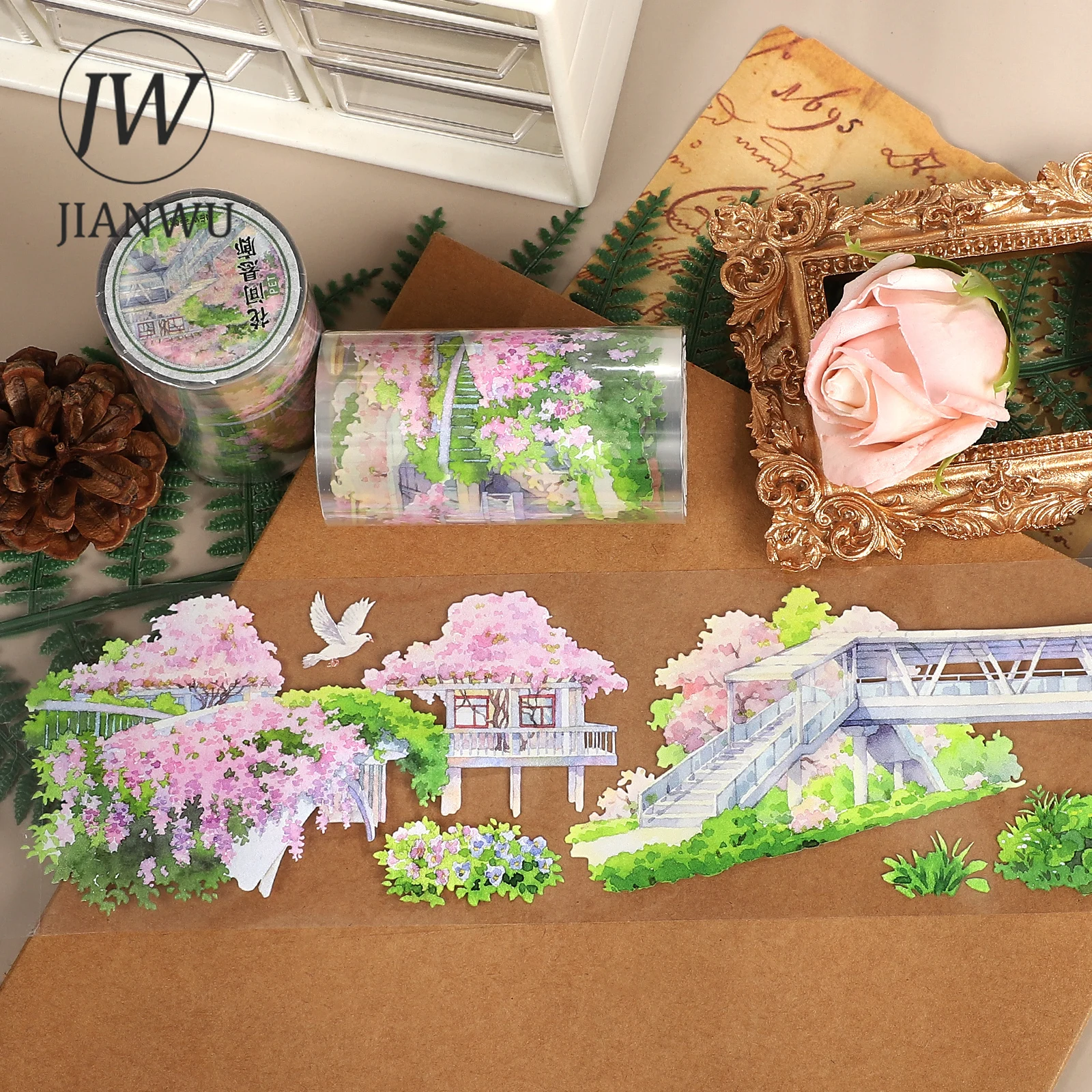 เทป PET ลายวินเทจ 70 มม.*5.4 ม. ลายดอกไม้ ทางเดิน วัสดุตกแต่งสำหรับงานคอลลาจ สมุดภาพ DIY สร้างสรรค์ อุปกรณ์เครื่องเขียน