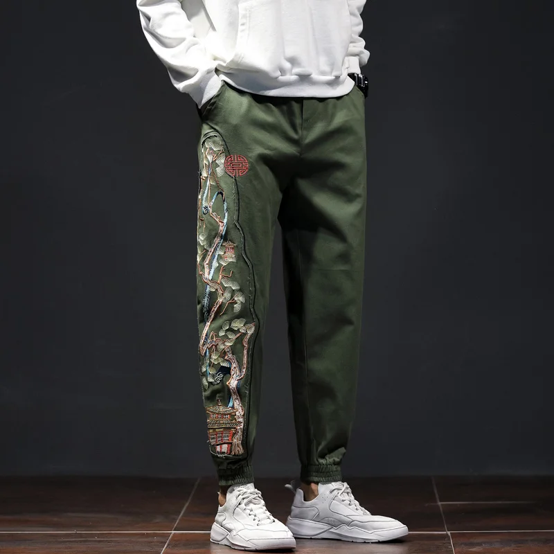 Chinese Style Loose Plus Size Embroidered Casual Pants Ethnic Fashion Patchwork Harem Joggers Harajuku Trousers Men