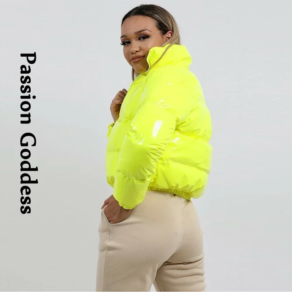 Winter Women Shiny PVC/Vinyl Down Jackets Short Puffer Bomber Jacket Bright Leather PU Cropped Parkas Down Warm Zipper Outcoats