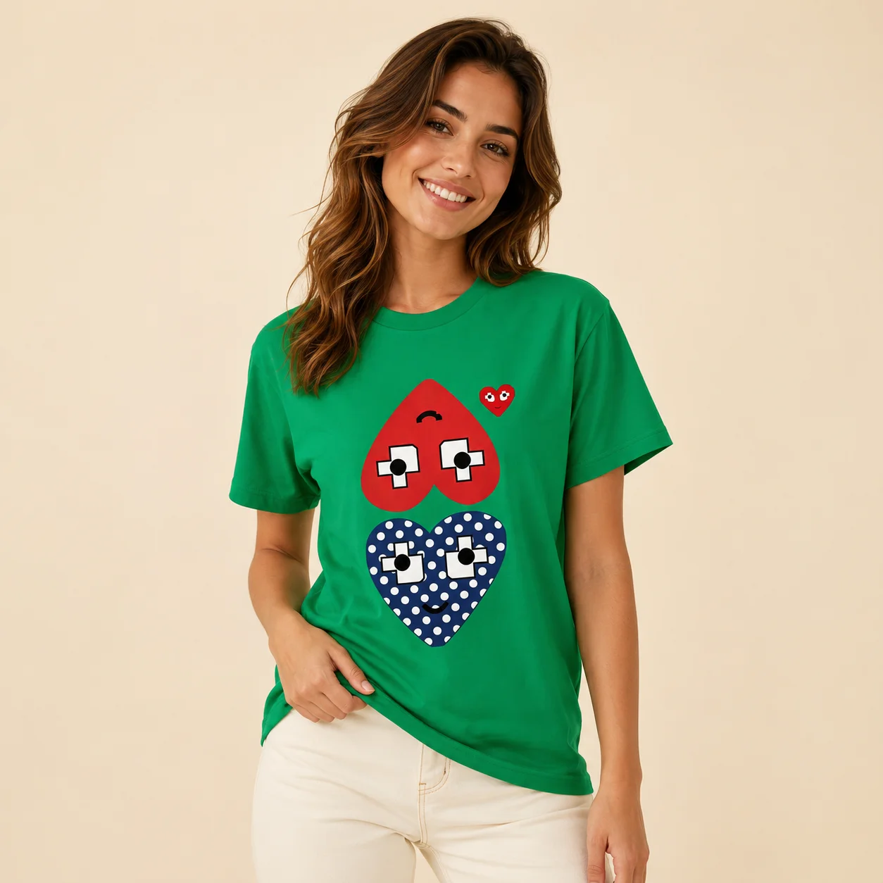 New Fashionable Women's Fashionable Casual Heart-shaped Pure Cotton Printed Round Neck T-shirt Personalized Short Sleeved Shirt