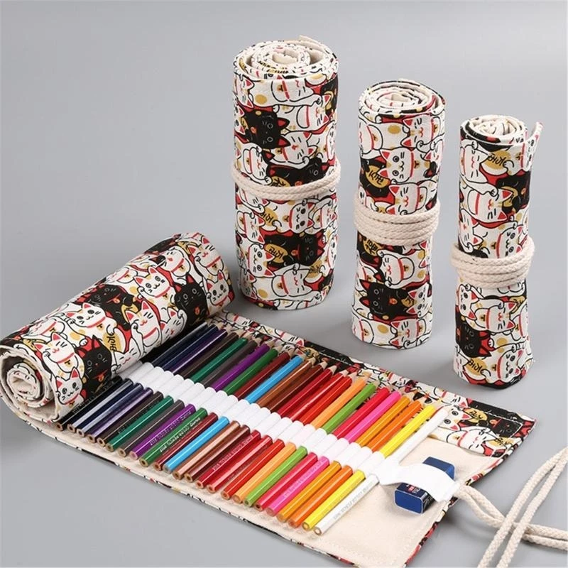  12/24/36/48 Holes Canvas Pencil Case Pencil Roll Bag Lovely Animal Pencil Wrap