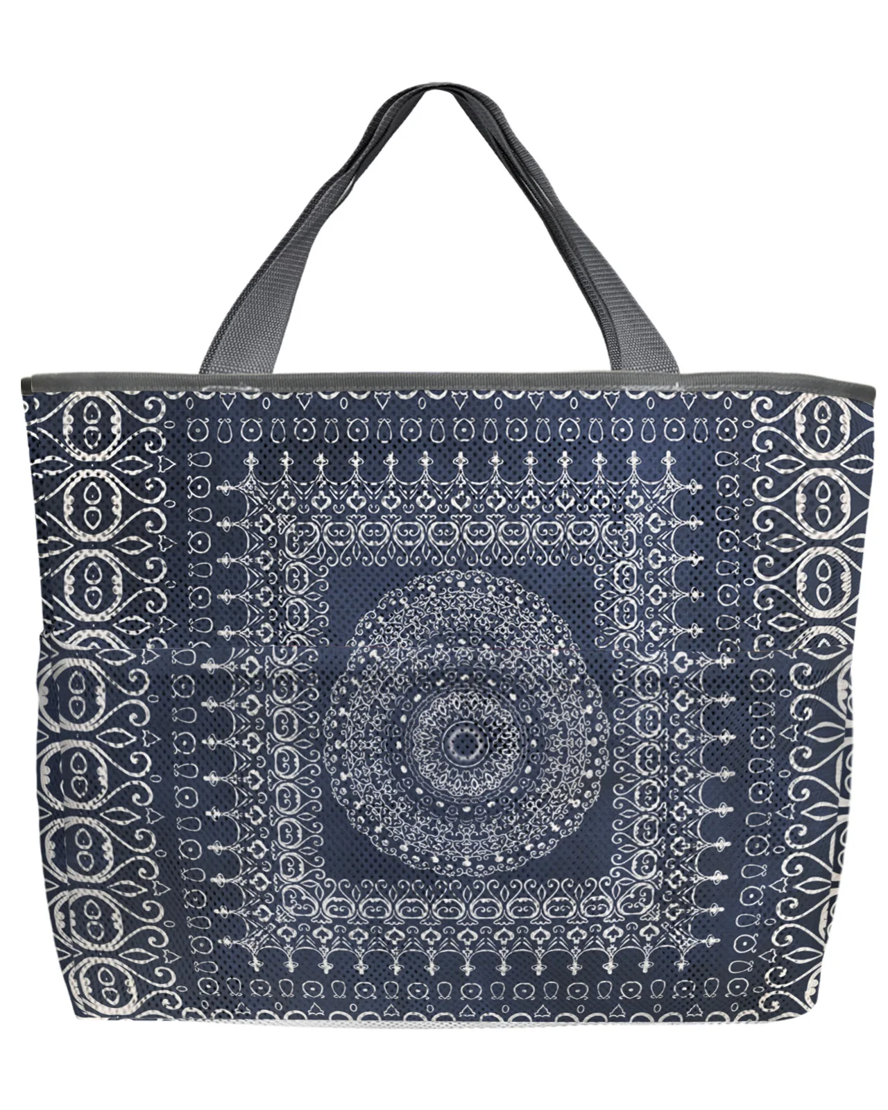 Geometric Mandala Pattern Retro Large Capacity Women Men Beach Tote Bag Pocket Mesh Durable Travel Handbag Custom Storage Bag