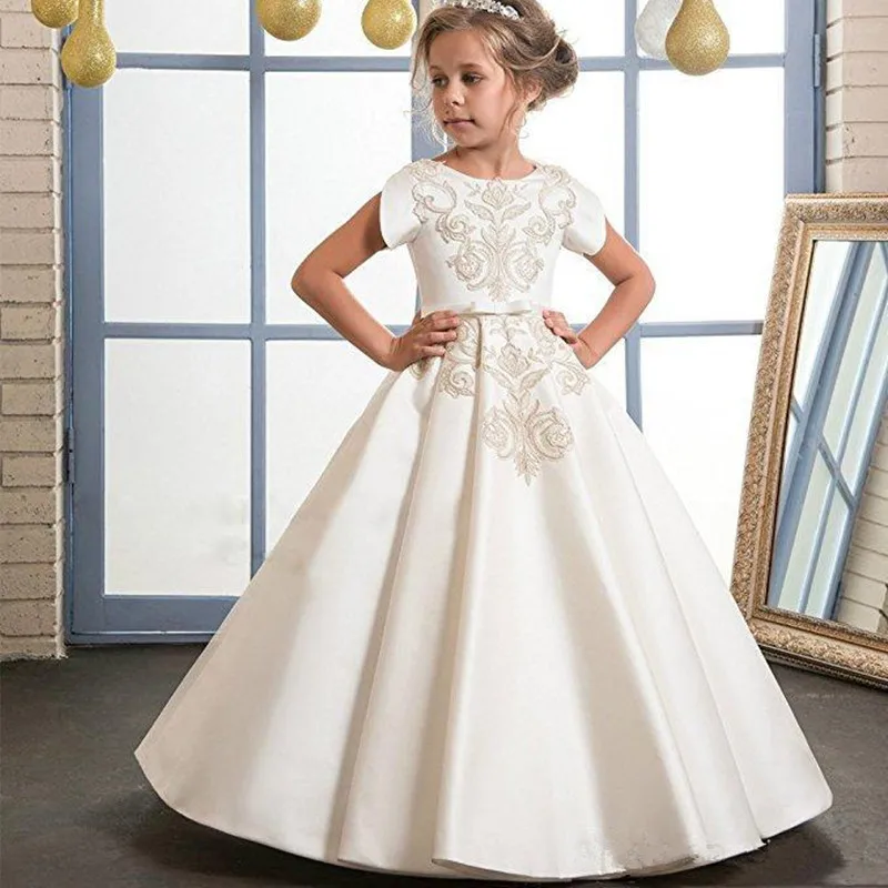 Vestidos con bordado de flores para niños, vestidos elegantes con escote redondo para boda, primera comunión