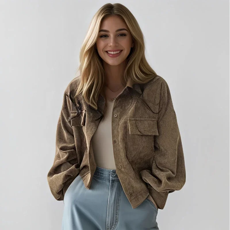 

Women's Korean Chic French Retro Versatile Single-Breasted Collared Corduroy Long-Sleeve Shirt Jacket - Trendy Spring Style
