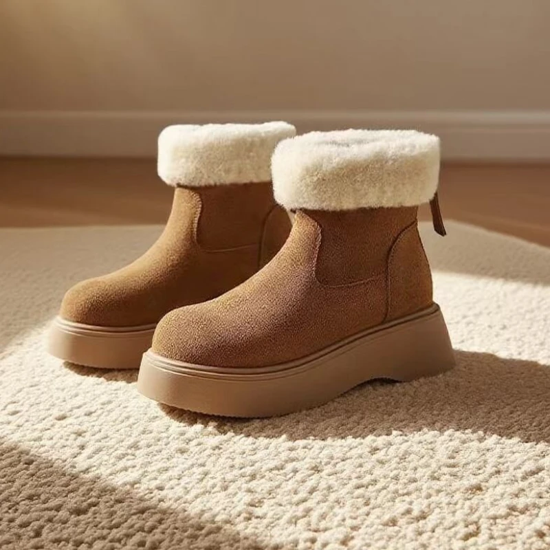 Women Fur Ankle Boots Suede Wedge Platform Shoes Winter New Trend Short Plush Snow Boots Warm Cotton Shoes Botas Mujer