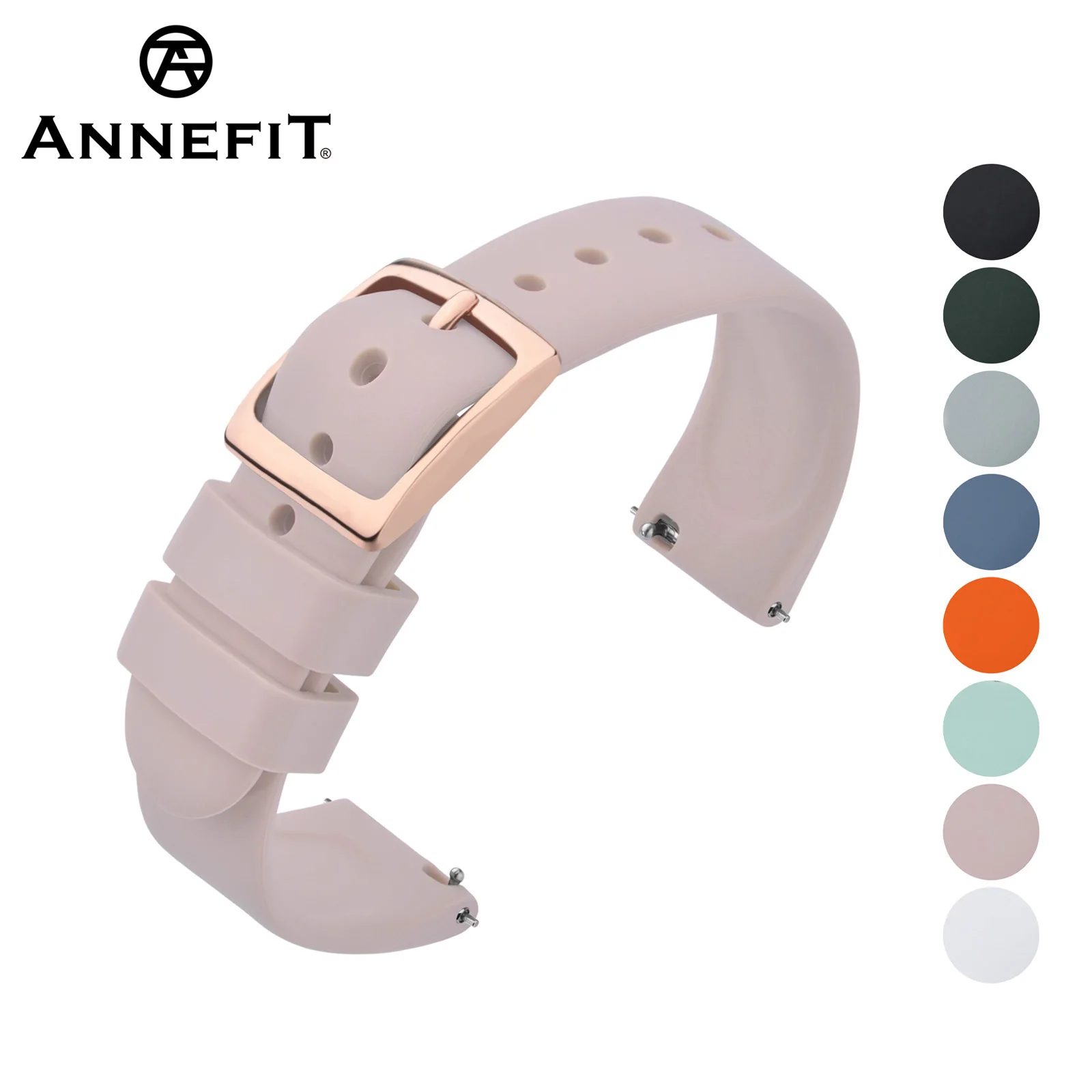 ANNEFIT Soft Silicone Sport Band 18mm 20mm 22mm Rubber Watchband Strap Bracelet for Men Women with Rose Gold Buckle