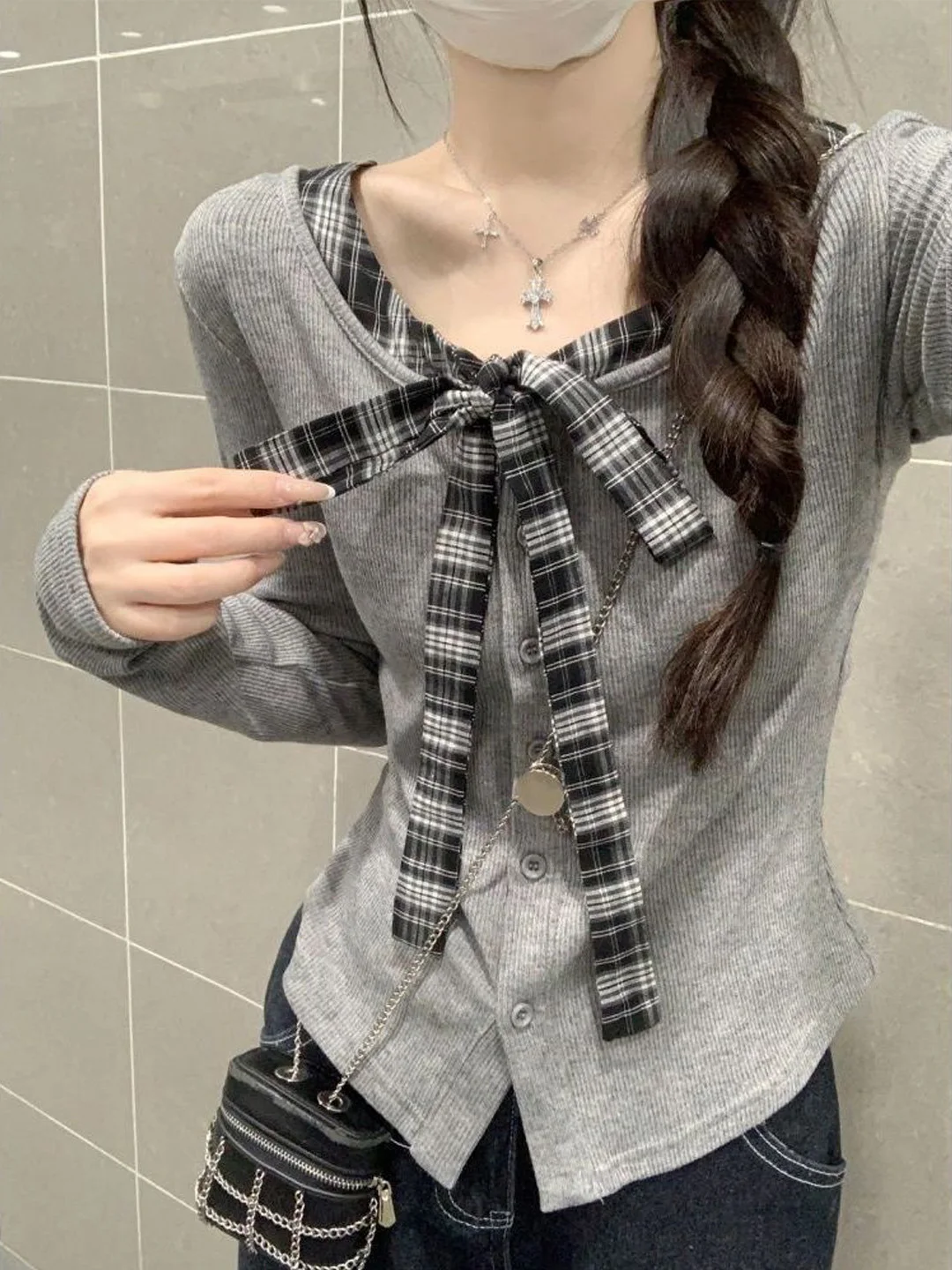 

Korean Sle Long Sve T-irt Women's Slim Fit Base Layer irt Button Plaid Tie Waist Top V Ne Breathable Qui Dry