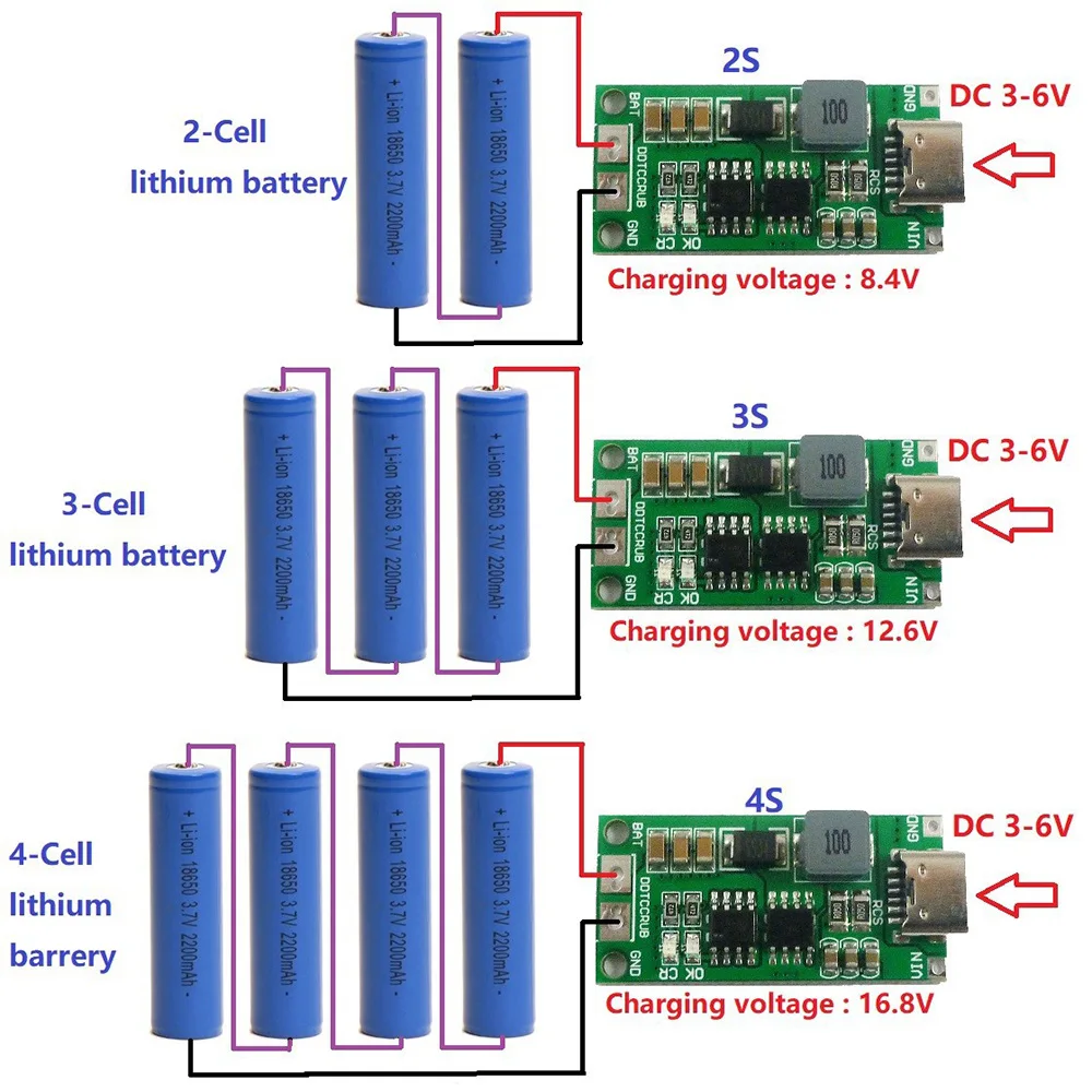 Multi-Cell 2S 3S 4S Type-C To 8.4V 12.6V 16.8V Step-Up Boost LiPo Polymer Li-Ion Charger 7.4V 11.1V 14.8V 18650 Lithium Battery