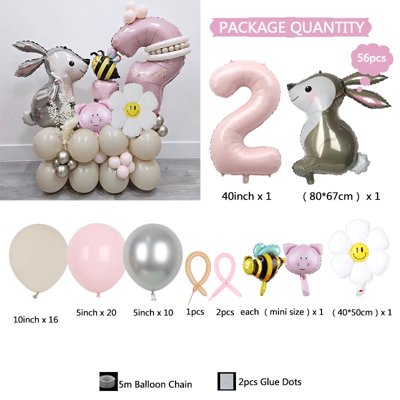 56pcs Easter Bunny Cartoon Rabbit bee piggy Foil Balloons Pink 40inch Number Balloon Set Child Girls  Birthday Party Baby Shower