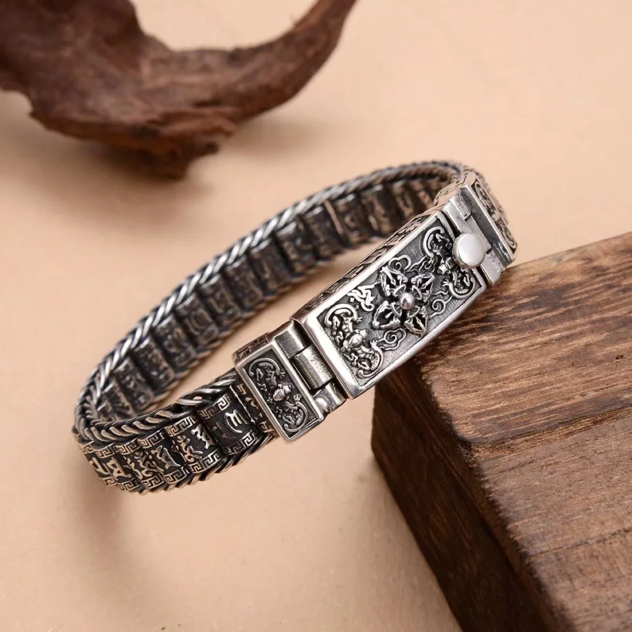 New Silver Color Retro Men Buddhist Six-character Mantra Revolving Cylinder Cuff Chain Bracelet for Women Fashion Jewelry