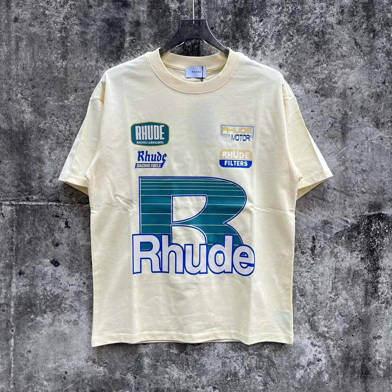 Streetwear Big RHUDE Print Label T Shirt Men Women High Quality Loose Short Sleeve Tops