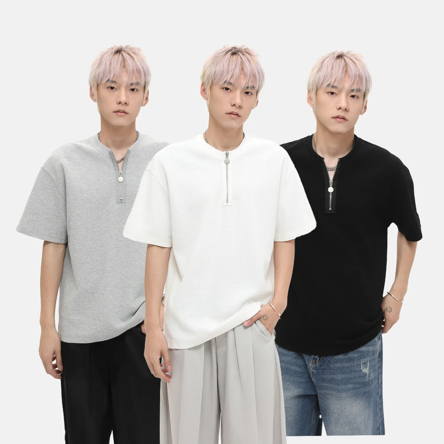 

Men's Solid Color Half-Zip Short Sleeve T-Shirt Fashion 320g Heavyweight Casual Trend Tops Tee