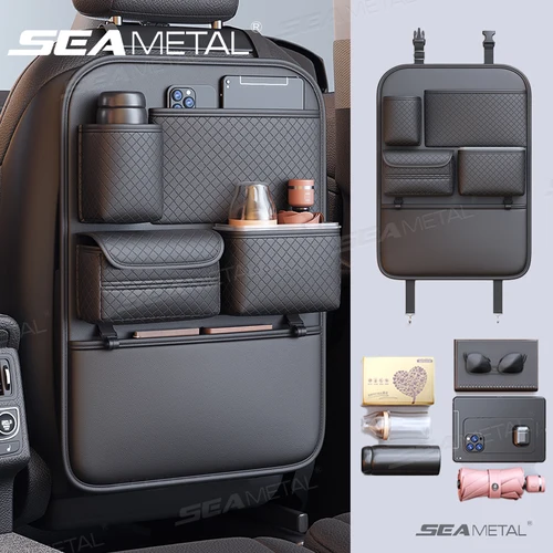 SEAMETAL-Bolsa de almacenamiento trasera de asiento de coche de lujo, organizador multifunción para asiento trasero, bolsillo de almacenamiento, protector antipatadas para asiento resistente al desgaste