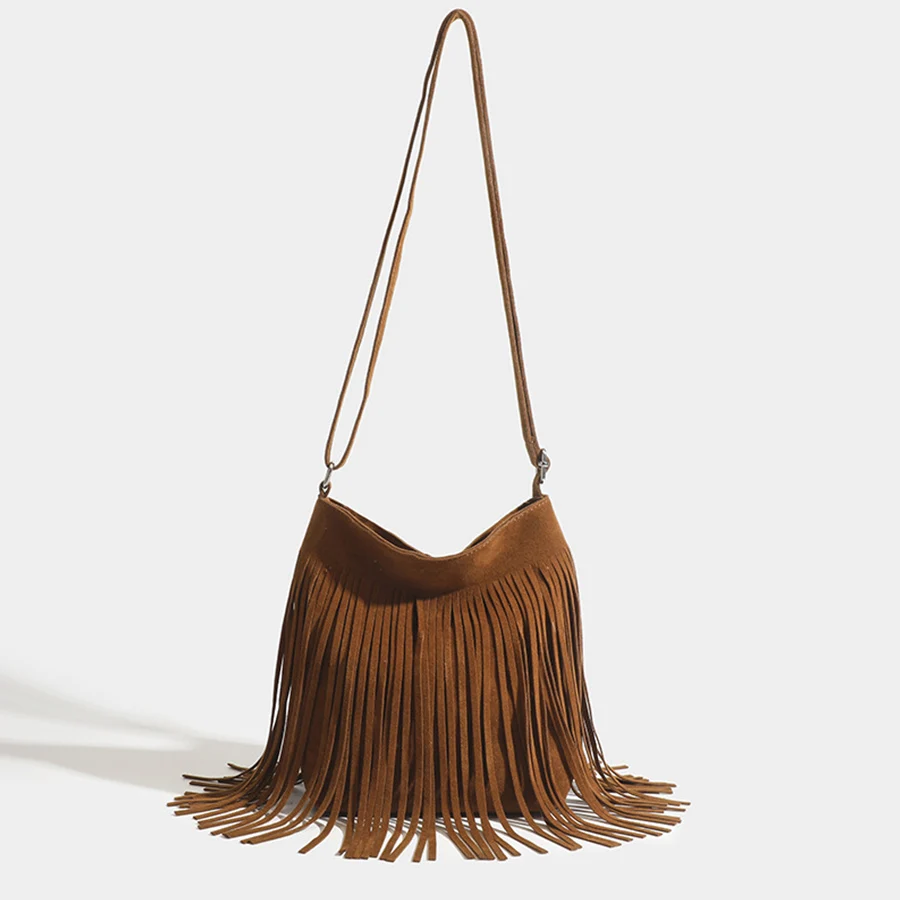 

Vintage Suede Tassel Crossbody Bags, Women's Versatile Shoulder Bag, Boho Style Fringe Square Purse, Handbags For Daily Travel