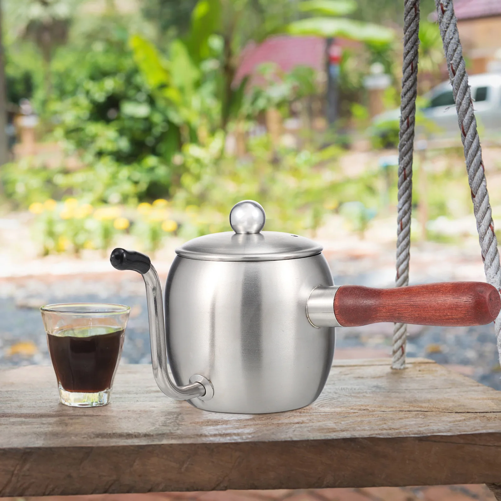 

1Pcs Stainless Steel Long Spout Coffee Kettle Ergonomic Wooden Handle Heat Resistant Coffee Pot for Home Cafe Office