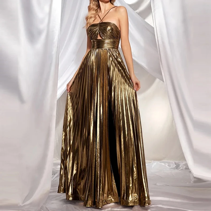 Women\'s Clothing Halter High Waist Long Dress Sexy Hollow Out Sleeveless Pleated Evening Dress Casual Backless Swing Robe Dress