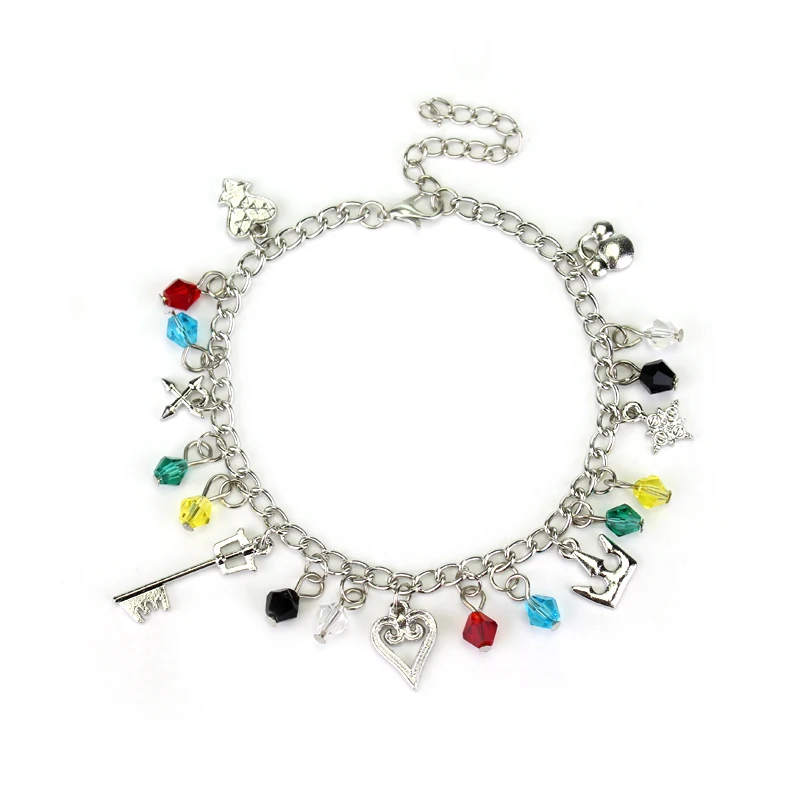 Kingdom Hearts Charm Bracelet Sora Keyblade Heart Crown Crystal Multi Charms Adjustable Chain Bracelet Game Cosplay Jewelry