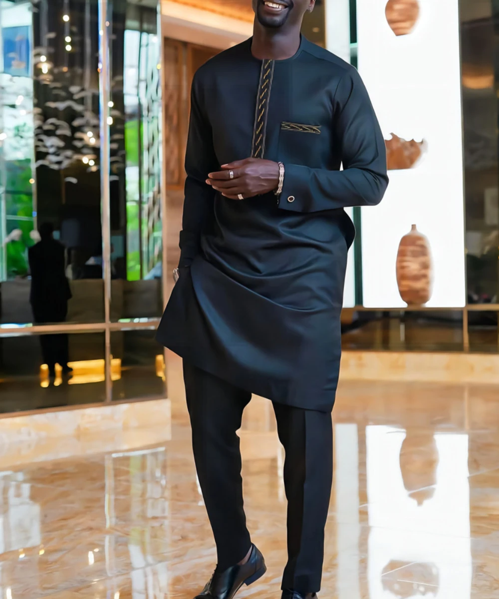 African Men Outfits Embroidery Pocket Splice Long Sleeve Round Collar Top Pants Two Piece Set Africa Gentleman Business Suit