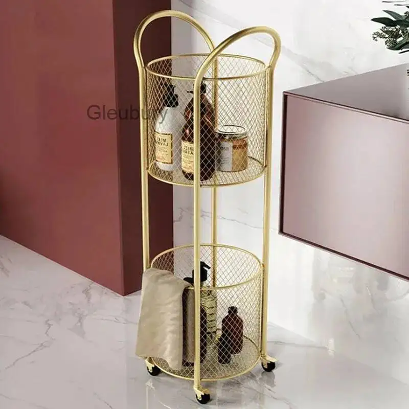 

Luxury Golden Metal Storage Basket With Wheels Cylindrical Organizer Bathroom Storage Rack Floor Multilayer Trolley