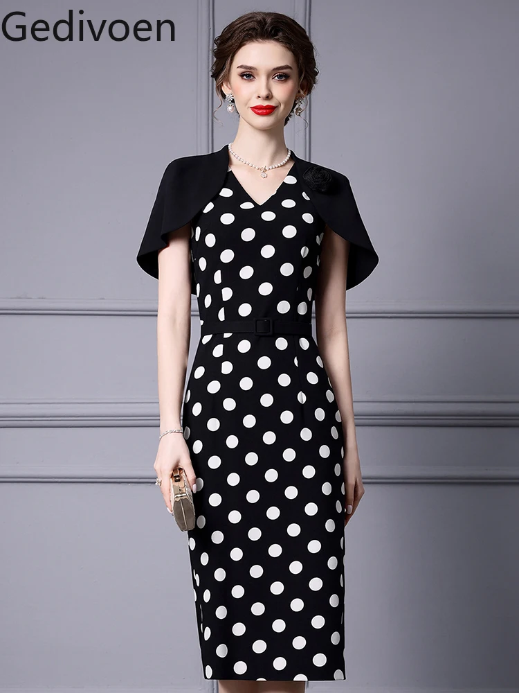 

Gedivoen Summer Fashion High Quality Wrap Hip Dress Polka Dot Splicing Belt Slimming Cape Style Dresses