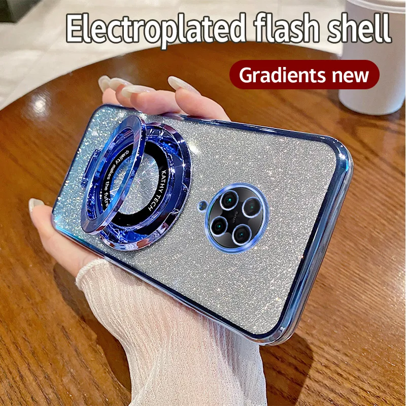 Voor Xiaomi Poco F2 Pro Behuizing Galvaniseren Zachte Glitter TPU Telefoon Terug Luxe Cover Xiaomi F2Pro Telefoon Case Beugel Magnetische