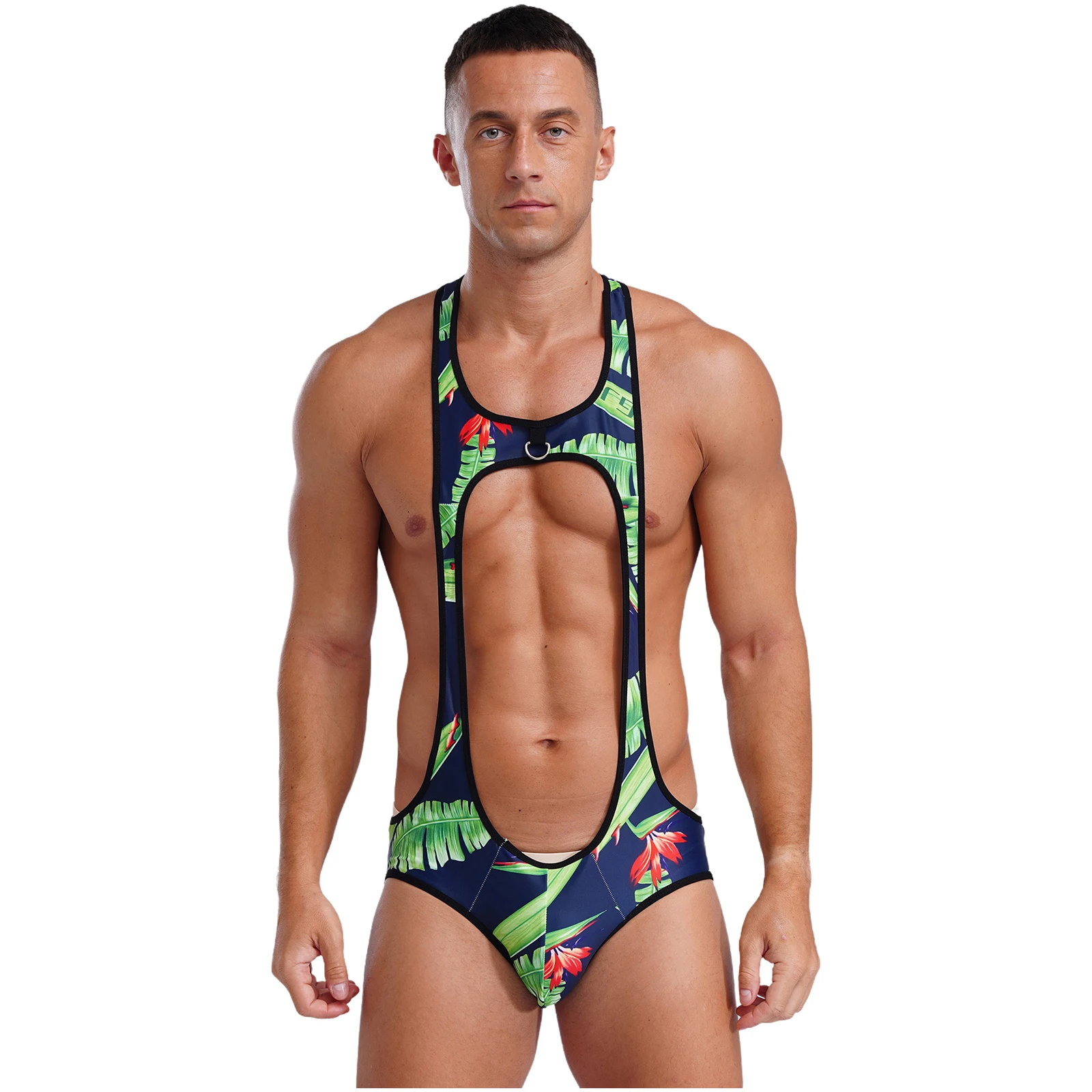 

Men Cutout Sleeveless Bodysuit Solid Color Rainbow Stripe Leaf Printed Open Butt Leotard Bodybuilding Wrestling Single Costumes